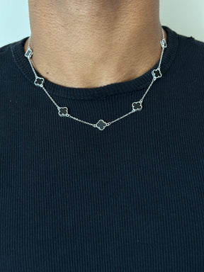 Colar Trevo Preto Prata, Banho Ródio 8 Trevos