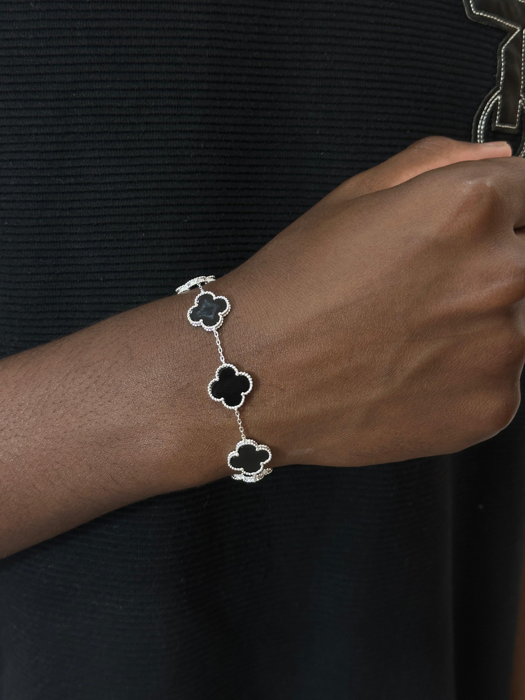 Pulseira Trevo Prata925 Onix 5 Trevos 1,4cm 16+5cm