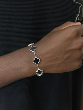 Pulseira Trevo Prata925 Onix 5 Trevos 1,4cm 16+5cm