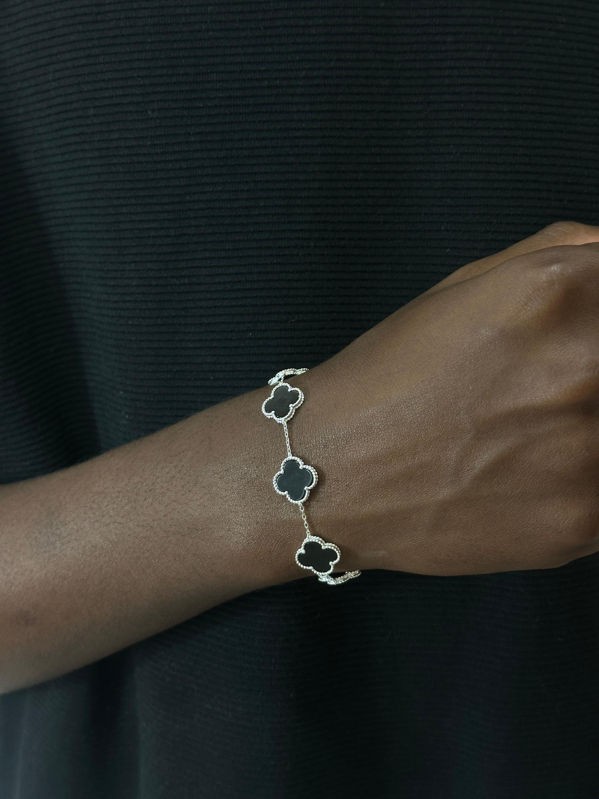 Pulseira Trevo Prata925 Onix 5 Trevos 1,4cm 16+5cm