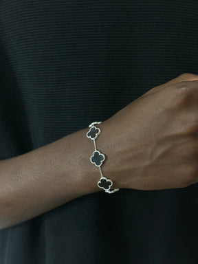 Pulseira Trevo Prata925 Onix 5 Trevos 1,4cm 16+5cm