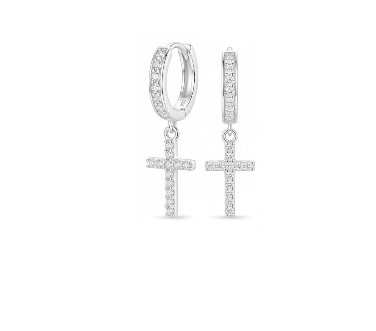 Argola Cruz Pend Cravejada PRATA 925 / 2,5mm x 1,1cm
