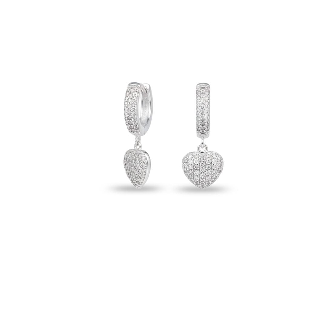 Argola NJ Coração Cravejado PRATA 925 / 3,2mm x 1,3cm Coração 9mm