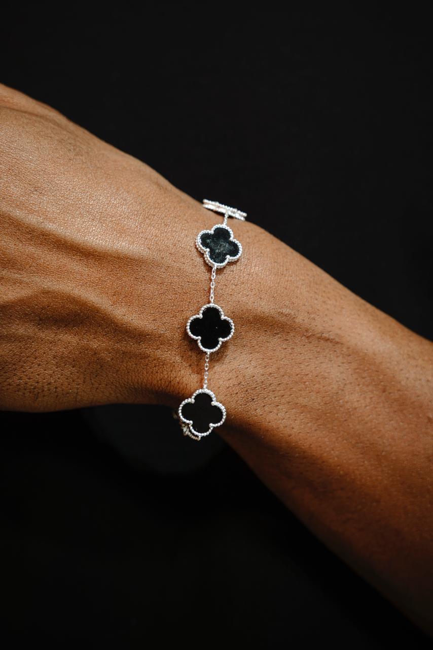 Pulseira Trevo Prata925 Onix 5 Trevos 1,4cm 16+5cm