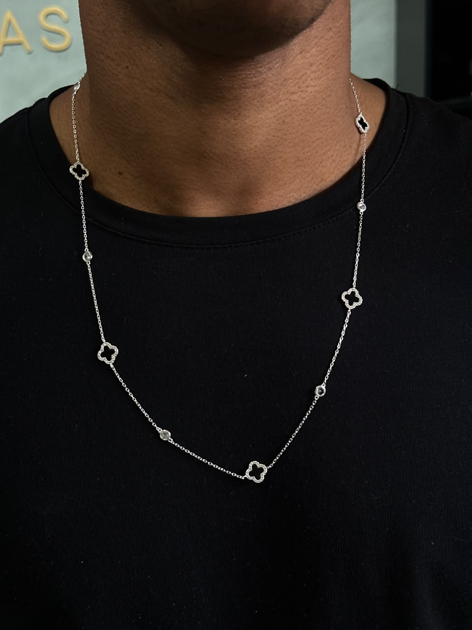 Colar Trevo 60cm Prata 925 5 Trevos Onix Ponto de Luz